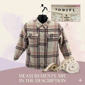 JODIFL Pink Plaid Sherpa Lined Shacket Jacket Small Oversized Flannel Coat